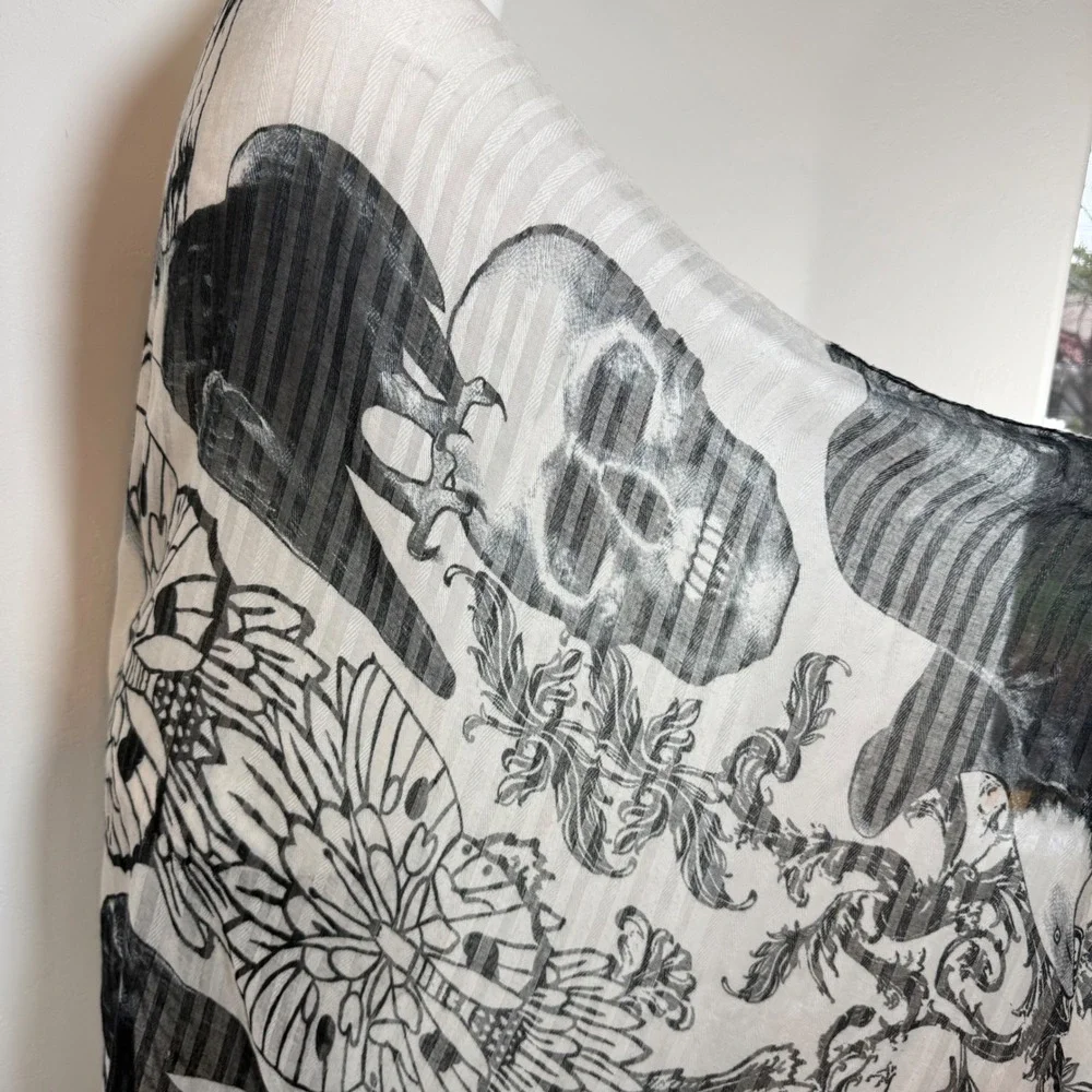 Black White Skull Print Scarf Oversized Sheer Goth Witchy Whimsygoth Grunge